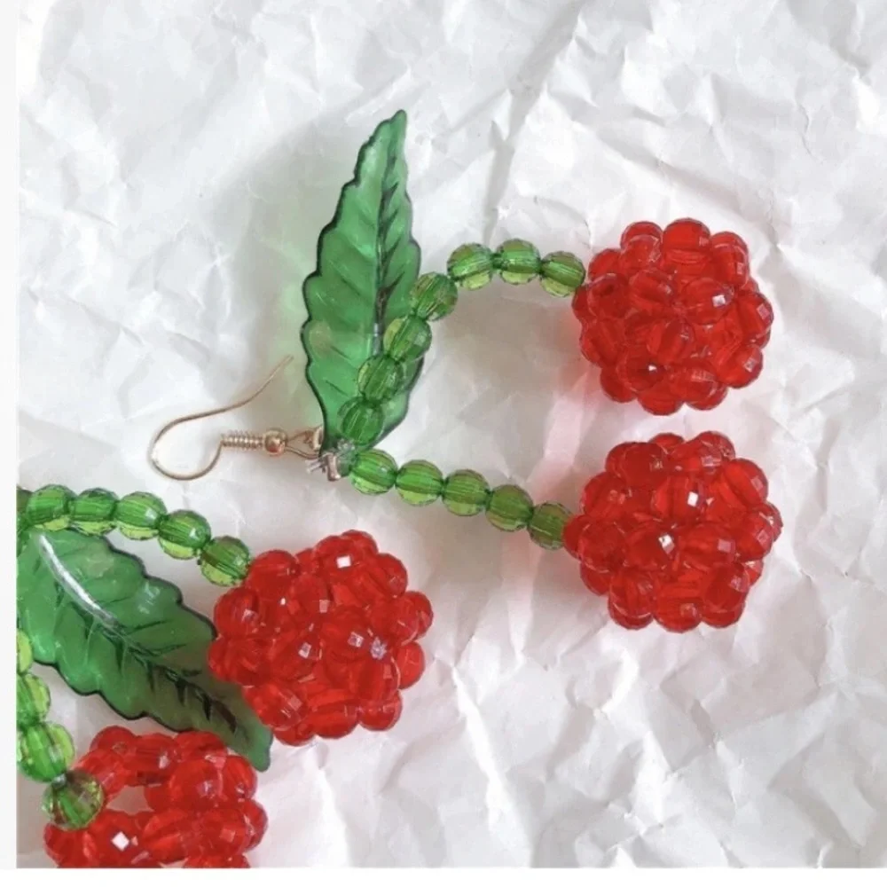Red Cherry Beaded Earrings - Picture 2 of 3